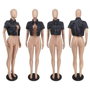 PU chemises d'été femmes veste en cuir solide chemise à manches courtes Cardigan vêtements de rue décontracté simple boutonnage vêtements d'extérieur en vrac 7019