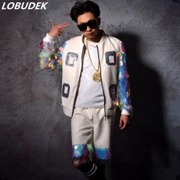 Veste en cuir PU blanc pantalon paillettes costumes pour hommes marée mâle discothèque DJ chanteur tenue de scène étoile Vocal Concert danseur Rock Hip-Hop Costume