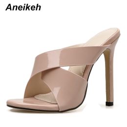 PU Moda de verano Aneikeh Zapatillas concisas Peep Toed Tacón alto fino Resbalón en punta redonda Diapositivas Mujeres Mulas Albaricoque Tamaño 35-40 Y20042 83