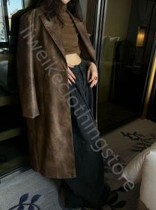 PU trench coat veste cuir Maillard style revers cuir manteau automne vintage do vieux lâche