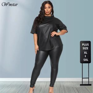 PU deux pièces grande taille femmes pantalons ensembles mode Streetwear demi manches noir t-shirt taille élastique en gros goutte 240315