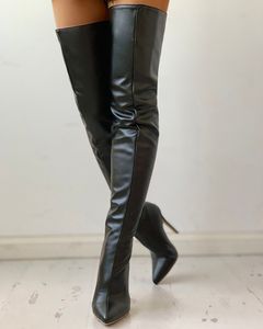 Botas largas de tacón fino con cremallera de PU, Botas Largas por encima de la rodilla de piel sintética, botas cálidas de invierno vintage a la moda para mujer