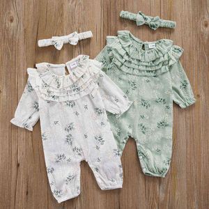Pudcoco 0-18m 2pcs Automne Spring Baby Clothes Girl Infant Long Manche Ruffle Broidered Rompers   Bandband Jumps Tost G220510