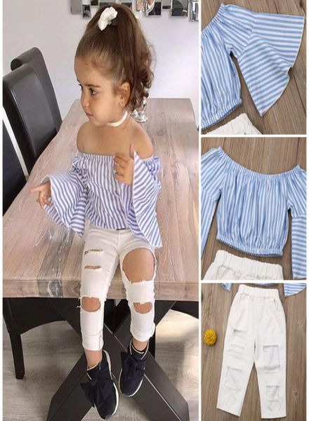 Pudcoco Brand New Fashion Toddler Baby Girl Kid Off Bounder Top Ripped Pants tenue Clothes Set991220