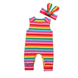 Pudcoco Snelle verzending 0-24M pasgeboren baby meisjes romper kleding mouwloze print regenboog romper jumpsuit katoenen kleding + hoofdband G1221