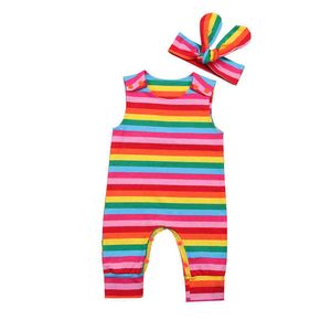 Pudcoco Snelle verzending 0-24M pasgeboren baby meisjes romper kleding mouwloze print regenboog romper jumpsuit katoenen kleding + hoofdband G1221