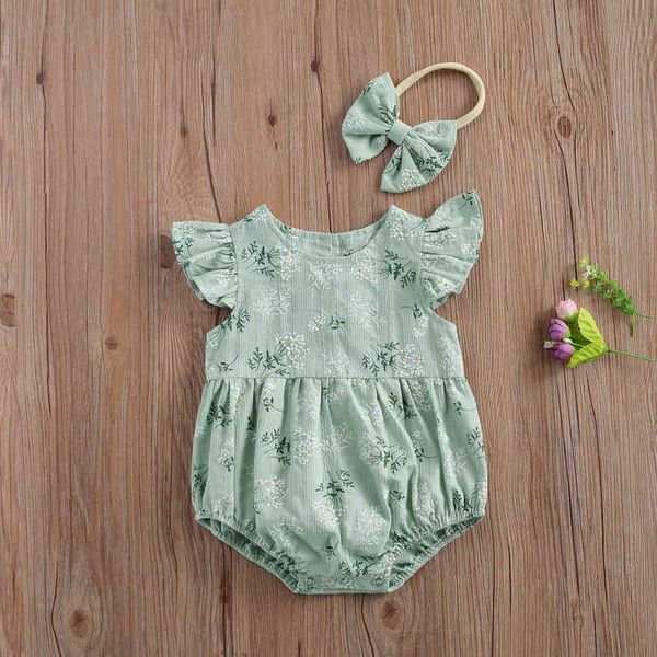 Pudcoco Nouveau-né Bébé Fille Vêtements Mouche Manches Fleur Imprimé Coton Barboteuse Combinaison Bandeau 2Pcs Tenues Vêtements Décontractés Bébé Ensemble G220510