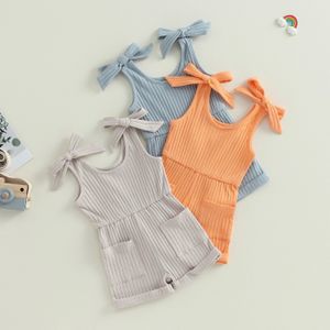 Pudcoco Toddler Kids Baby Girls Mouwloze Romper Solid Color Ribbed Bodysuit Zomerkleding met zakken 6m4t 240416