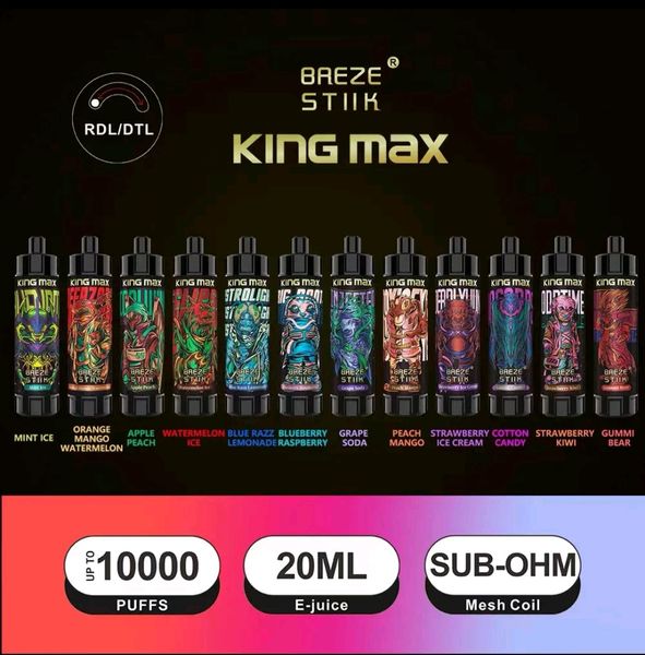 Puff 10000 King Max 10k 10Color Vapes Dlips Vape E-cigarettes Vape Electronic Device Préfilé Ves Vs Puff 12000 12k 20000 10000 10k Bang Box 18000 Puff 15000 Randm