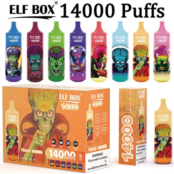 Puff 14k ELF Box 14000 Puffs Vapes Cigarettes électroniques jetables 0% 2% 3% 5% 25 ml Pod pré-rempli Bobine de maille 600 mAh Batterie rechargeable 10 saveurs Stylo