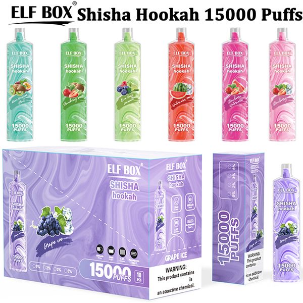 Puff 15k ELF Box 15000 Puffs Shisha Hookah Vape Cigarrillos electrónicos desechables 0% 2% 3% 5% 26 ml Pod precargado Bobina de malla 600 mAh Batería recargable 11 sabores Pluma
