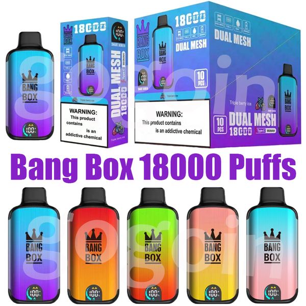 Puff 18k Bang Box 18000 Puffs Pantalla inteligente Vape Cigarrillos electrónicos desechables 0% 2% 3% 5% 26 ml Pod precargado Malla dual 850 mah Batería recargable Pluma Vapers Dervice