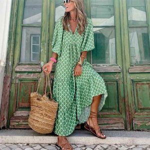 Puff Seve Boho Maxi Dress Women Summer Fashion V Neck Floral Splicing Half SEVE Jurk losse enkellengte strandjurk H220713