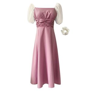 Bladerdeeg korte mouwen knielengte zwart en wit groen roze patchwork jurk vintage een link Slash nek elegante D1864 210514