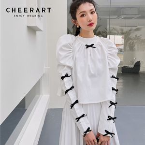 Puff Sleeve Bow Blanc Femmes Tops et chemisiers Long Crop Top Pulls Printemps Designer Blouse Mode 210427