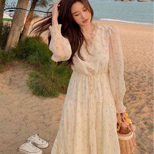 Puff Sleeve Chiffon Beach Jurk Afdrukken Chic Elegant V-hals Party Jurk Abrikoos Floral Vrouwen Jurken Robe Femme 14695 210518