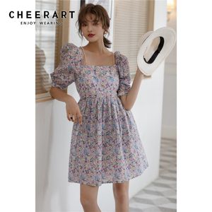 Manches bouffantes Ditsy Floral Dress Tunique Vintage A Line Square Neck Pearl Strap Backless Mini Ladies Summer 210427