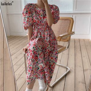 Bladerdeeg mouw bloemen maxi jurk vierkante kraag een lijn katoen gewaad zomer 2021 boho plus size midi elegante Koreaanse harajuku sukienki y0823