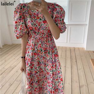 Manga de hojaldre floral maxi drsquare collar una línea bata de algodón verano 2021 boho plus tamaño midi elegante coreano harajuku sukienki x0621