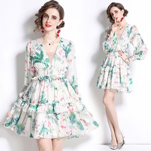 Mini vestido de diseñador de fiesta floral blanco para mujer, manga abombada, cuello en V, vacaciones delgadas, volantes fruncidos, vestidos acampanados con ajuste escalonado, otoño 2023, vestidos de pasarela con estampado elegante