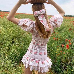 Vestido de bodycon plisado con volantes y mangas de soplo para mujer Estampado floral Rosa Fiesta corta Elegante O Cuello Una línea Casual Verano 210427