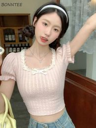 T-shirts à manches bouffantes Femmes de design à lacets de style coréen Summer Sweet Slim Crop Tops Tempérament Casual Chic All-Match Fashion 240416