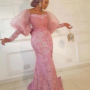 Puff mouwen Mermaid avondjurken Aso ebi kanten Appliques prom jurk plus size pure nek formele feestjurken242m