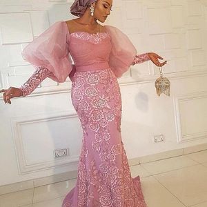 Puff mouwen Mermaid avondjurken Aso ebi kanten Appliques prom jurk plus size pure nek formele feestjurken 2787