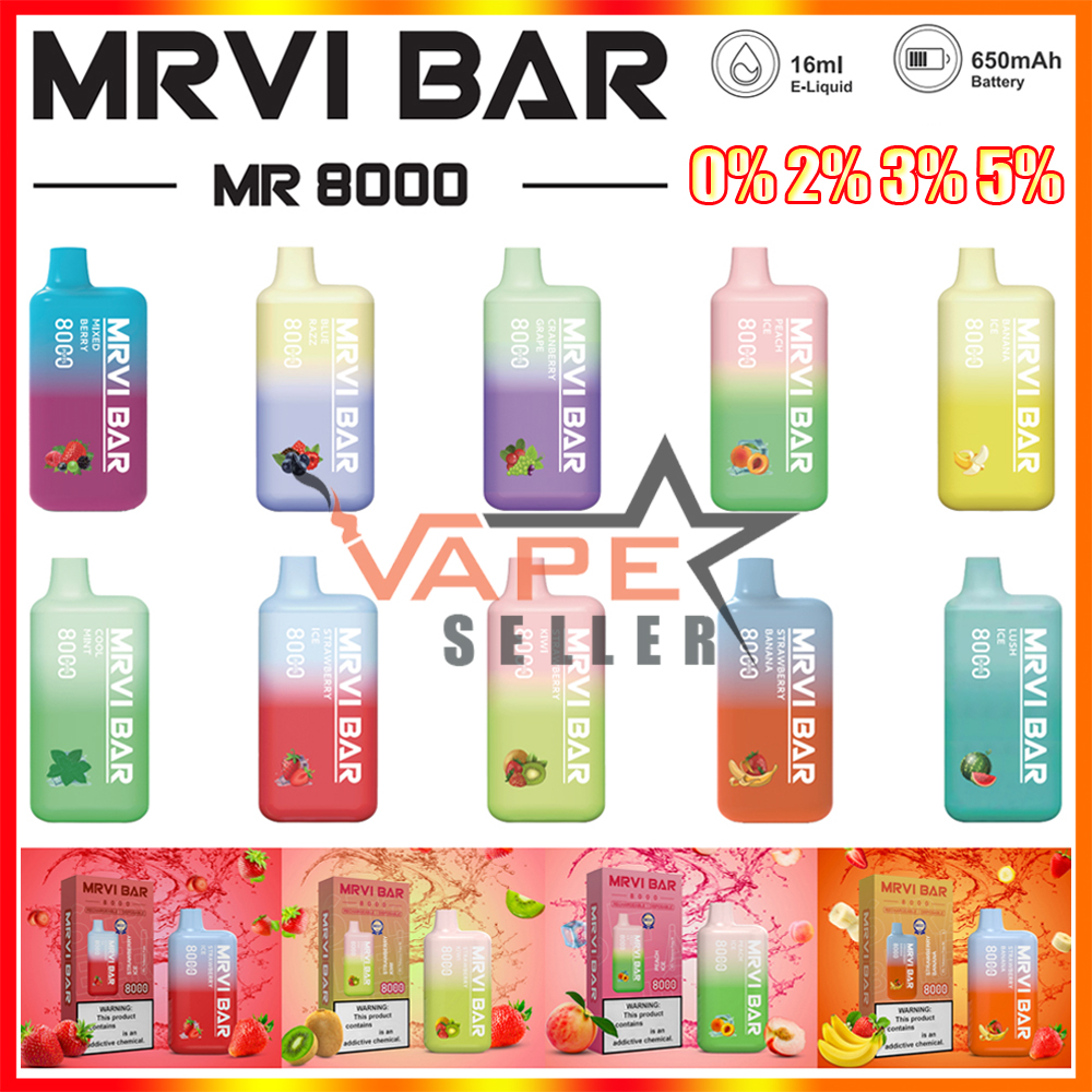 Оригинальный Mrvi Bar 8000 Puffs Одноразовая электронная сигарета Vape Pen с 0% 2% 3% 5% Прочность Аккумуляторная батарея 650 мАч Предварительно заполненная 16 мл Pod Big Vapor Elf Box Kit