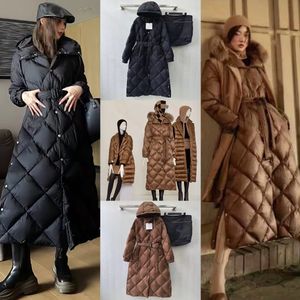 doudoune femme nouvel hiver diamant plaid taille à capuche mi-longueur genou longueur femmes vêtements en duvet d'oie doux et chaud haute qualité ceinture week-end designer manteau en duvet