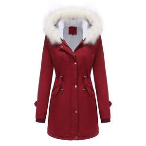 Chaqueta acolchada para mujer, abrigo de invierno, chaqueta de invierno, cuello de piel desmontable, manga larga, con capucha, larga, ajustada, gruesa, cálida, a prueba de viento, simple, informal, talla S-5XL