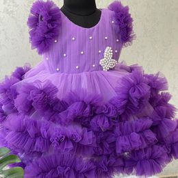 robe de bal gonflée perles robes de fille fleurie pour mariage Nouveau luxe tutu appliquée concours de concours de perles perle en tulle violet