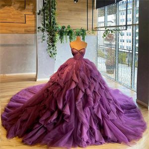 Puffy Avondjurken Paars Lange Ruches Tiered Saoedi-Arabië Aibye Celebrity Plus Party Jurken Prom Dress Robe de Mariée