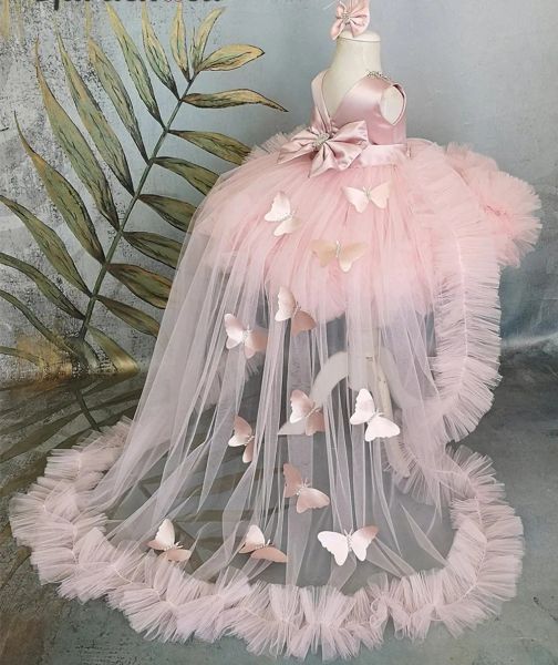 Robe de fille gonflée robe de bébé rose avec train robe de fille de fleur arc mignon enfant robes d'anniversaire enfant première communion robes d'enfants