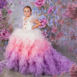 Puffy Girls Pageant Robes pour PO Shoot Feathers Tiers Ruffles Kids Birthday Rangs Prom Robes Enfants Fleur 240428