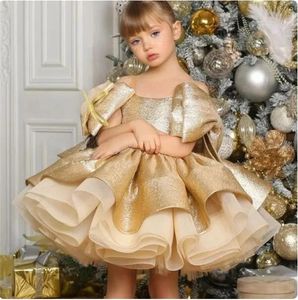 Gezwollen goud satijnen bloemenmeisje jurken knie lengte glitter bruiloft feestjurk boog peuter baby verjaardagselet ballet tutu jurk 240515