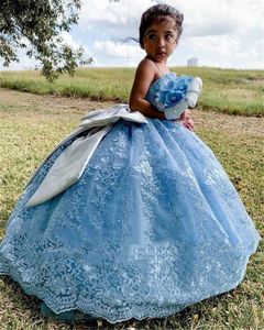 Puffy Dentelle Robe De Bal Petite Fille Pageant Robes Bébé Bleu Spaghetti Arc Longueur De Plancher Enfants Fille Brithday Fête Tenue De Cérémonie Longue Fleur Filles Robe Pour Le Mariage 2022