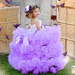 Vestido de fiesta morado claro hinchado, desfile de plumas de cristal, ropa Formal para niños pequeños, vestidos de flores para bodas