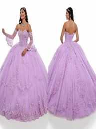 Puffy Lilas Juliette Manches Longues Quinceanera Robes 2021 Broderie Dentelle Perlée Strass Couches Doux 16 Robe Robes De Bal 6938686