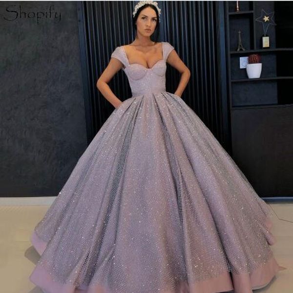 Robes de soirée longues bouffantes chérie avec poches 2018 robe de bal manches cape paillettes scintillantes style arabe femmes robes de soirée formelles