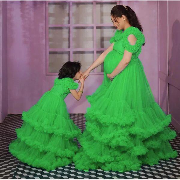 Vestidos de fiesta de tul hinchados para madre e hija, volantes bonitos, malla escalonada, vestidos de fiesta para mamá y niños, vestido de fotografía hasta el suelo