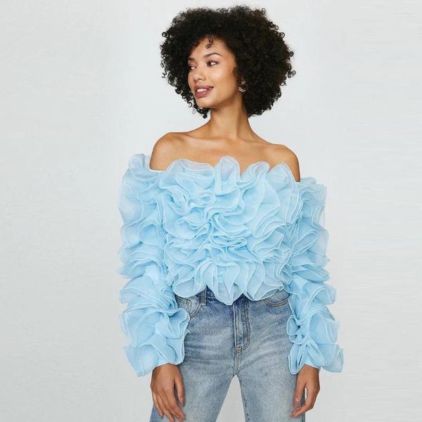 Hopfy Off Shoulder Tops Short Tulle Tulle Sky Blue Tutu Summer Blouse Mujeres Fashion Illusion Beach Organza Party Top