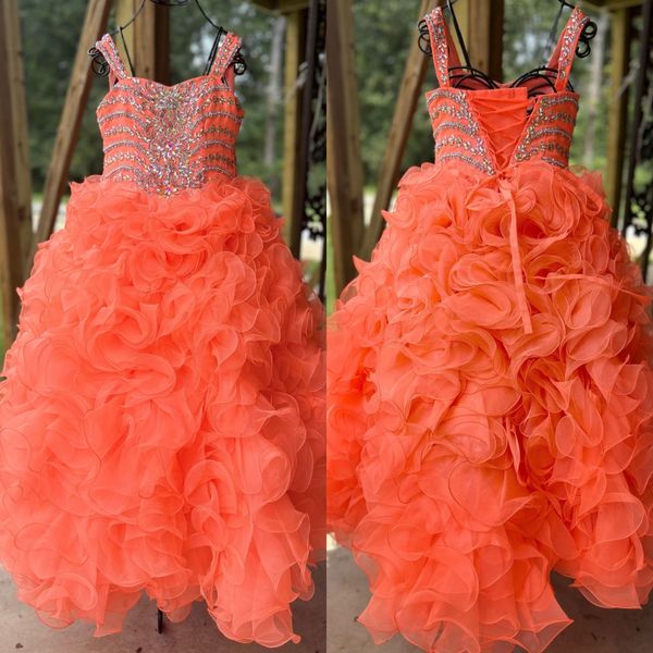 Robe de Princesse Puffy Organza Robe de Bal Filles Premier Anniversaire Infantile Fleur Fille Enfant Enfant Enfant Bébé Fille Robe À Volants Orange Préadolescent Jeune Junior Senior Miss À Lacets