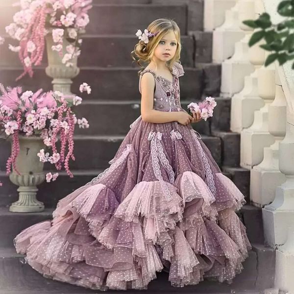 Robes de filles gonflées petites mignonnes mignonnes poussiéreuses violettes et roses roses de mariage tulle fête fleurie robe fille appliques perles