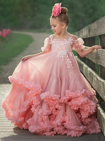 Vestido rosa hinchado con flores para niña, tirantes finos, volantes, bohemio, para fiesta de graduación, apliques de encaje, línea A, vestidos de cumpleaños para niños