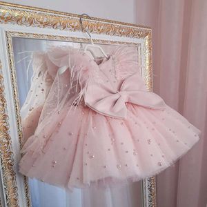 Puffy Pink Flower Pearl Mouwen Princess Brithday Party Baby Girl Dress Frist Communion L2405