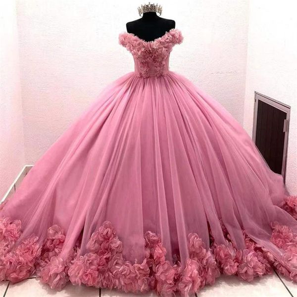 Puffy Pink Quinceanera Vestidos Princesa Cenicienta Vestido largo de baile Dulce 15 años Niñas Prom Falda de noche Vestidos De Fiesta254t