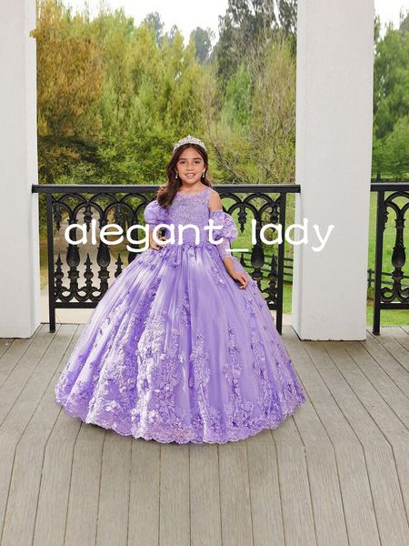 Puffy princesse robes de fille de fleur mini robe de quinceanera lilas lavande Applique à lacets robe de reconstitution historique d'anniversaire
