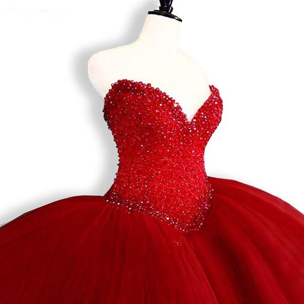 Puffy Quinceanera Robes 2019 Sweetheart Top Perles Sweet 16 Robes De Bal Robe De Quinceanera Rouge 15 Ans Fête D'anniversaire Robes310H