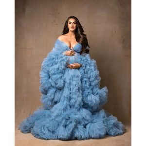 Vestido de maternidad de tul con volantes hinchados, batas de mujer para sesión de fotos, vestido de embarazo esponjoso, vestidos de Babyshower con abertura frontal